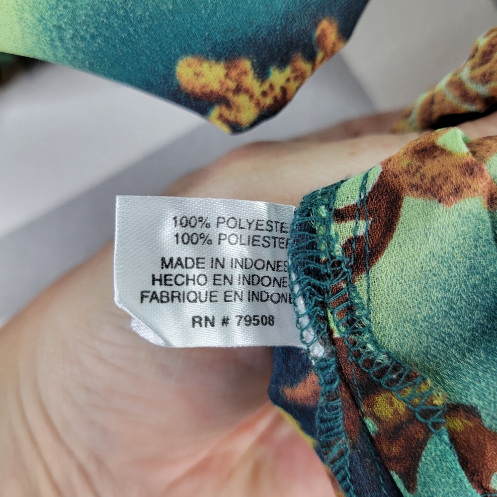 Violet & Claire Sheer Crinkle Blouse Green Teal Brown Tie at Cuffs Fringe XL - Picture 11 of 12